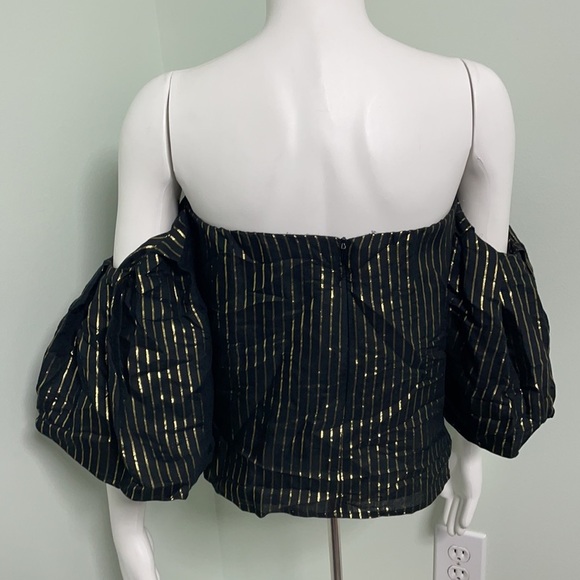 Zara | Gold Striped Puff Sleeve Off Shoulder Top - Picture 5 of 6